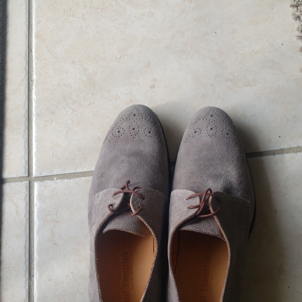Paul Fredrick Gray Suede Oxfords with Brogue Details,Mens Italian Made Shoe